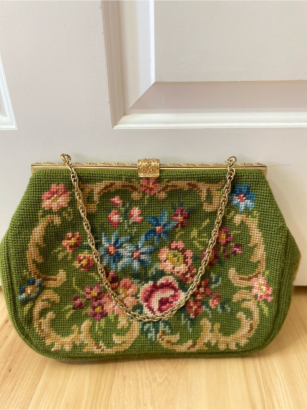 Vintage Maud Hundley Needlepoint Purse Green Floral Carpetbag Purse